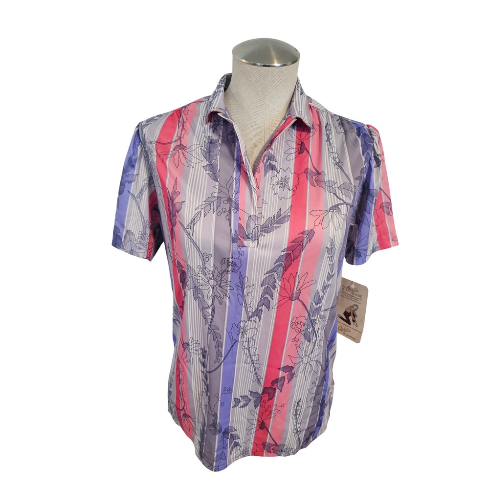 Goldie of California Vtg NWT Floral‎ Stripe Short Sleeve Blouse Pink Purple 7-8